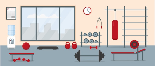 Vector gym interior with workout equipment. fitness center training area.  illustration.