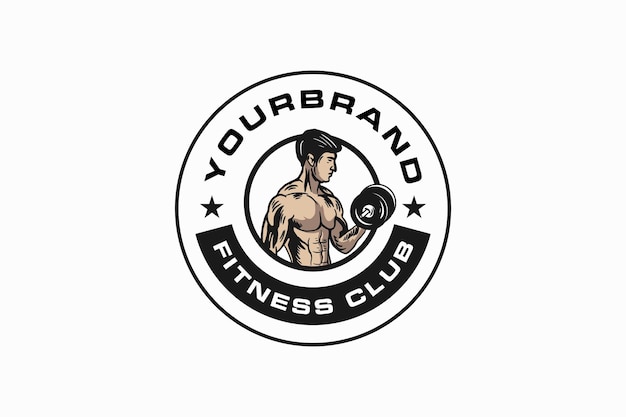 Vector gym logo with muscular male with barbell