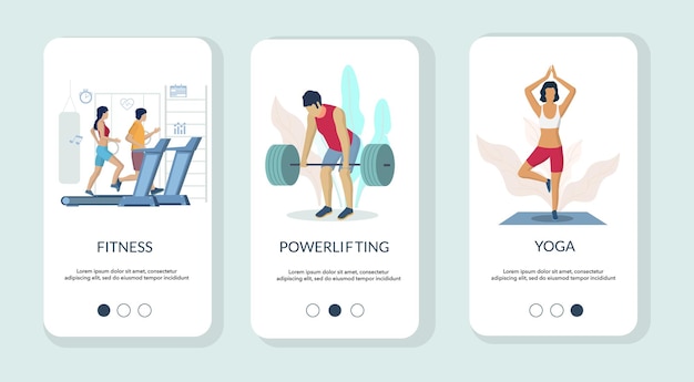 Vector gym mobile app onboarding screens vector template