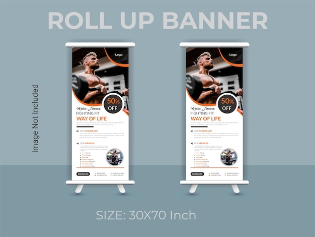 Gym roll up banner design layout, vector banner print design template.