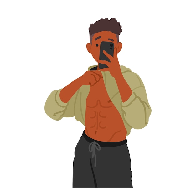 Gym Selfie Concept Man Capturing A Selfportrait While Working Out Fit Male Character Showcasing His Belly Press to Share On Social Media Motivation And Selfexpression Cartoon Vector Illustration