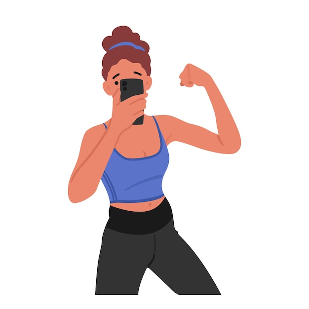 Palestra selfie concept giovane donna in forma cattura trionfi di allenamento su smartphone forte personaggio femminile che mostra i muscoli documentando la sua dedizione e successo di fitness cartoon people vector illustration