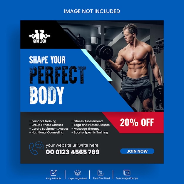 Gym social media post banner or Instagram banner ad vector template design