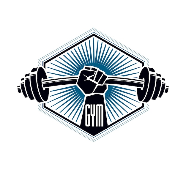 Vettore logo del club sportivo di sollevamento pesi e fitness in palestra, emblema vettoriale stilizzato retrò o badge. con bilanciere e forte pugno a mano.