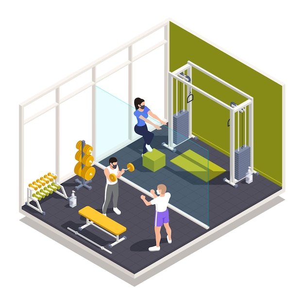 Gym workout center pandemic precautions rules isometric composition with strength training in facemasks using sanitizer illustration