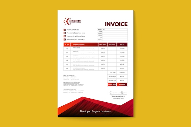 Vector gym workout and fitness training quotation invoice template