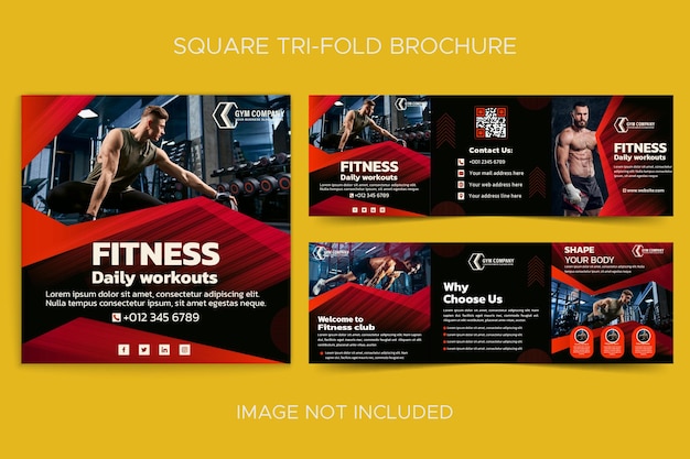 Gym workout and fitness training square trifold brochure template