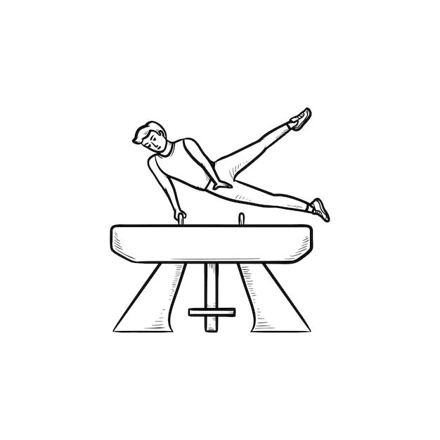 말 손으로 그린 개요 낙서 아이콘에서 수행하는 체조 선수. 남자 체조 선수, 스포츠 경쟁 개념입니다. 인쇄, 웹, 모바일 및 흰색 배경에 인포 그래픽에 대한 벡터 스케치 그림.