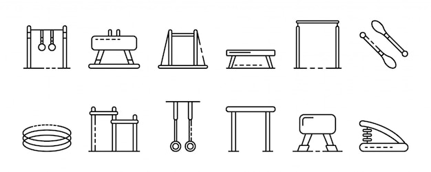 Gymnastics equipment icons set, outline style