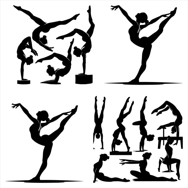 Vector gymnastics woman workout sport woman silhouette bundle vector eps in white backgroundgymnasti