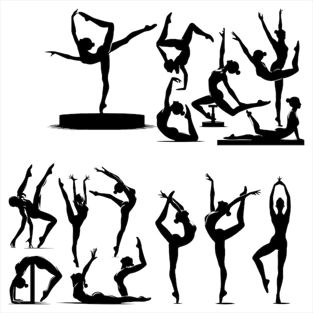 Vector gymnastics woman workout sport woman silhouette bundle vector eps in white backgroundgymnasti