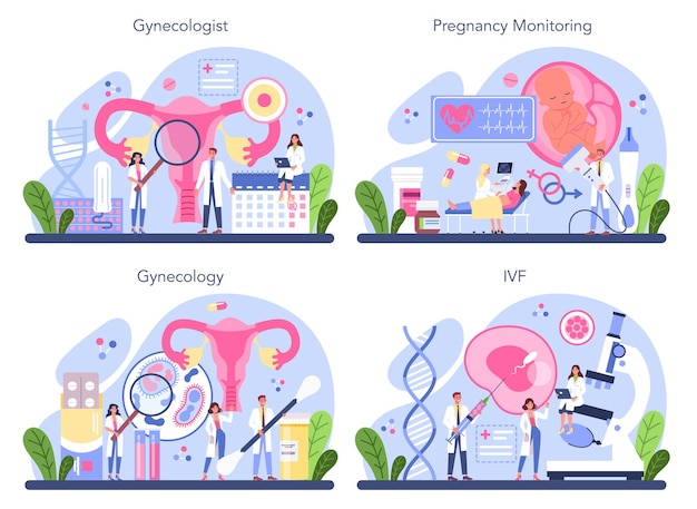 벡터 산부인과 의사 개념을 설정합니다. 여성 건강 의사, ivf 전문가. 인체 해부학, 난소 및 자궁 검사. 임신 모니터링 및 질병 치료. 만화 스타일의 고립 된 그림