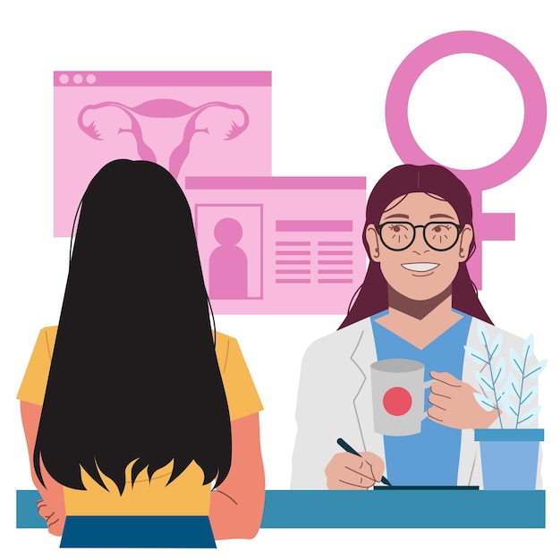 Vector gynecologist doctor explain uterus ovaries in flat illustration