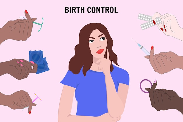 Gynecology illustration of woman thinking about birth control methods in vector