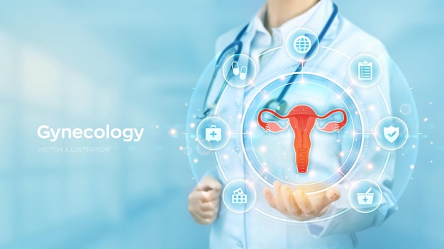 Концепция гинекологической медицины женское здоровье доктор держит в руке голограмму женской репродуктивной системы и медицинские иконы сетевого подключения на виртуальном экране векторная иллюстрация