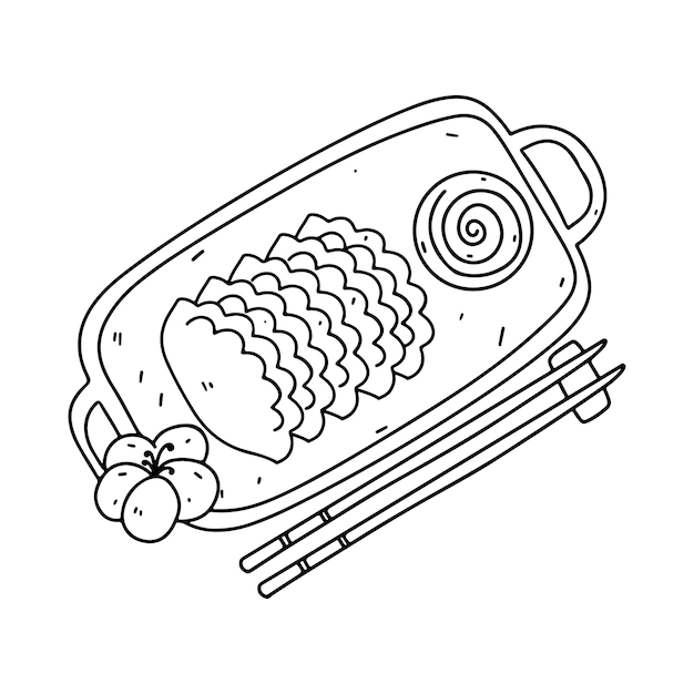 Вектор Gyoza и Chopsticks в стиле каракулей, нарисованных вручную. Вид сверху на векторную иллюстрацию китайской еды