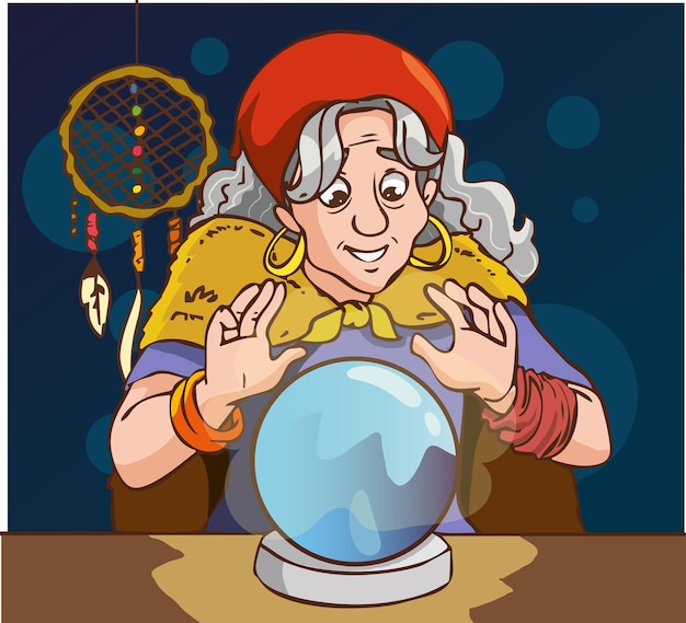 Vettore indovino zingaro con palla di cristallo e un tavolo illustrazione a fumetti di una donna oracolo