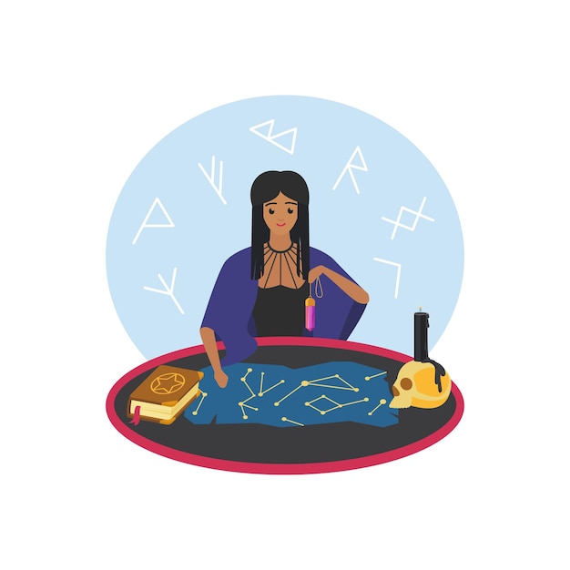 Gypsy fortune telling at table using gemstone pendulum on chain
