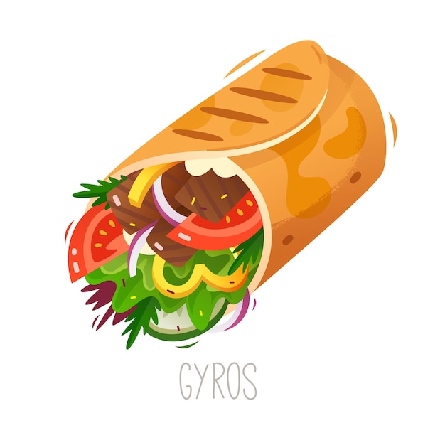 Vector gyros or shawarma traditional turkish street food sandwich roll with meat and vegetables