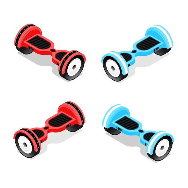 Gyroscooter rood en blauw instellen isometrische weergave hoverboard, tweewielige zelfbalancerende scooter.