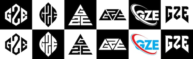 Vettore design del logo della lettera gze in sei stili poligono gze cerchio triangolo esagono stile piatto e semplice con logo della lettera con variazione di colore in bianco e nero impostato in una tavola da disegno logo gze minimalista e classico