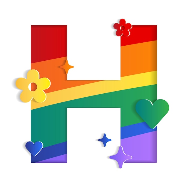 Hアルファベット文字フォント文字プライド月間LGBTQレインボー3D紙カットアウトカードベクトルイラスト