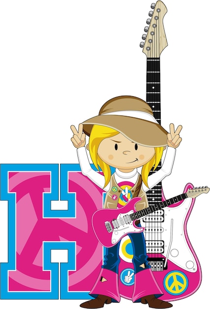 H для девушки-хиппи с гитарным алфавитом, изучающей образовательную иллюстрацию