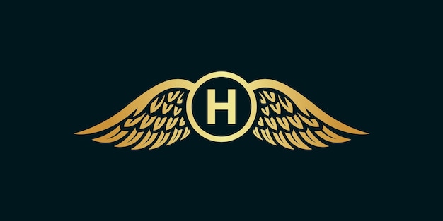 H 윙 아이콘 로고. 현대 전문 황금 날개 방패 템플릿 로고 디자인