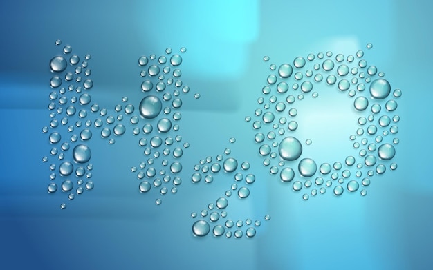 H2o letters designed with realistic water drops with blurred background beyond, vector illustration of ecology theme, ecosystem, environment protection.