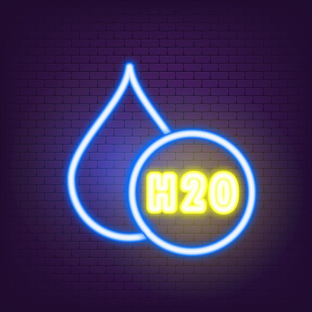 H2o neon icoon. waterdruppel pictogram logo. chemische formule h2o. vector illustratie. plat ontwerp.