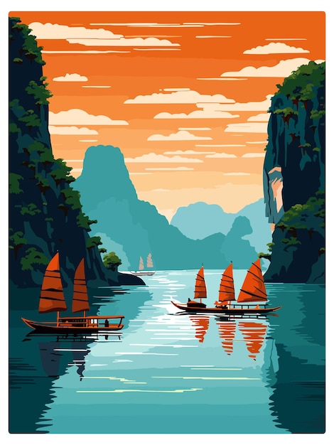 Ha Long Bay Vietnam Eilanden Vintage reisposter Souvenir postkaart Portret schilderij illustratie