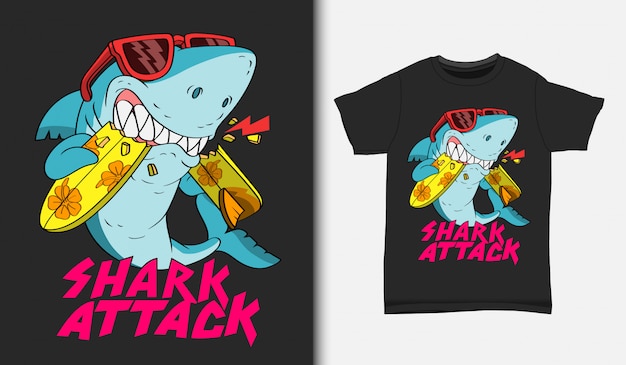 Haai surfen aanval illustratie met t-shirt design, getrokken Hand