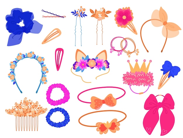 Vector haar accessoires verschillende meisjesstijl elementen hoofdbanden tiara's elastische banden en haarpinnen decoratieve bloemen zijden linten en strikken meisjes schoonheidsobjecten vector cartoon handgetekende geïsoleerde set