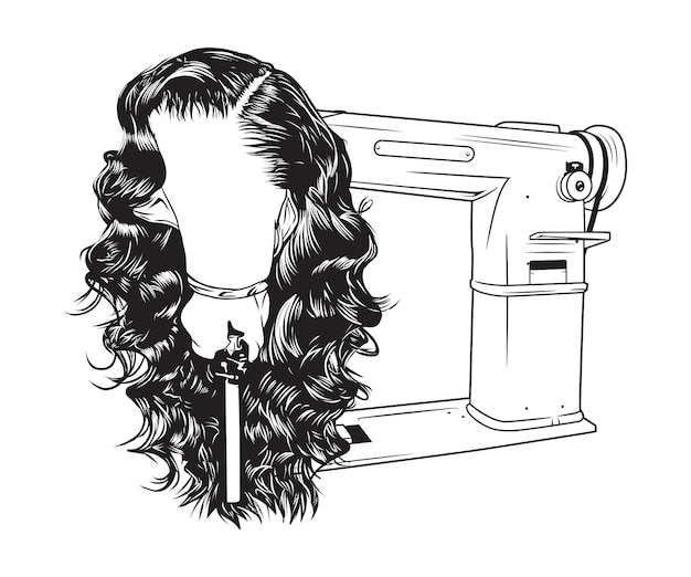 Haar pruik en naaimachine vector lijntekening illustratie