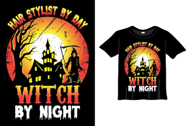 Haarstylist overdag heks 's nachts - Halloween T-shirt ontwerpsjabloon. Nacht, maan, heks