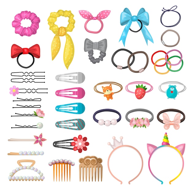 Haarverzorging Meisjesachtig plastic accessoires clips elastiekjes pinnen recente vectorillustraties set geïsoleerd Accessoire elastische haarband collectie