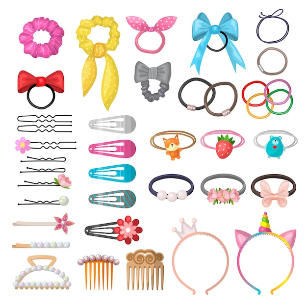 Haarverzorging meisjesachtig plastic accessoires clips elastiekjes pinnen recente vectorillustraties set geïsoleerd accessoire elastische haarband collectie