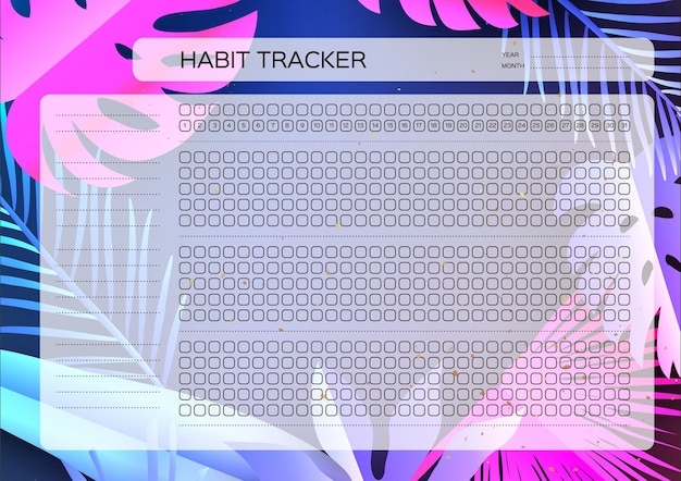 habit tracker. 31 day. monthly planner. habit tracker blank template. notebook planner. notebooks,decals, diary. cute paper cut tropical nature floral leaves. mostera, banana, palm leaves.