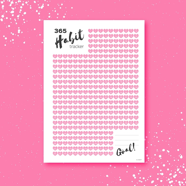 Habit tracker 365 days template habit diary for year Journal planne Bullet journal Goal list Paper size A4 Heart shape Pink love tracker Dated Vector