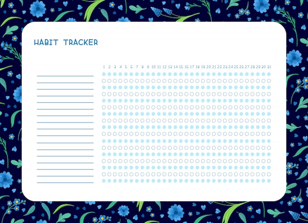 Привычка трекер для месяца плоский шаблон. весенние синие полевые цветы тематические бланк, персональный органайзер с декоративной рамкой.