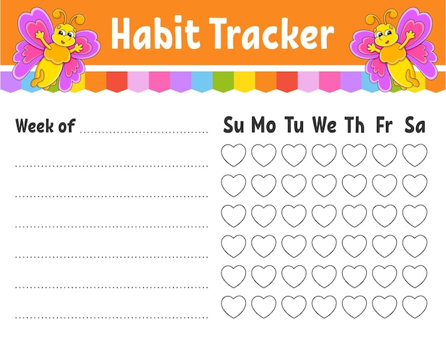 Habit tracker for kids Sheet template for printing With cute character Vector illustration