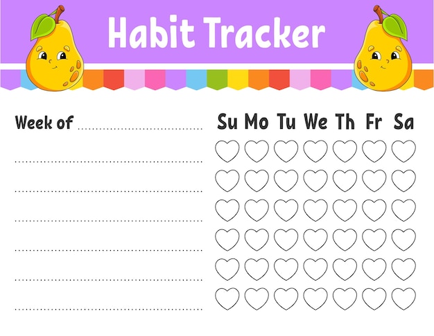 Habit tracker for kids Sheet template for printing With cute character