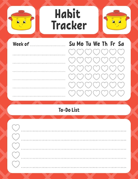 Vector habit tracker for kids sheet template for printing with cute character