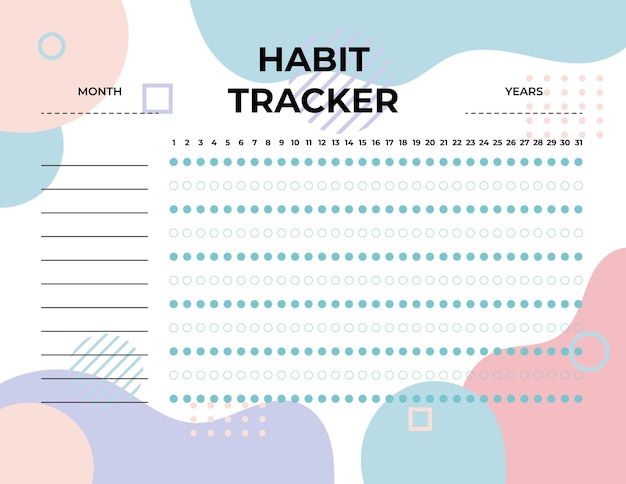 Vettore modello di monitoraggio delle abitudini del pianificatore mensile di habit tracker