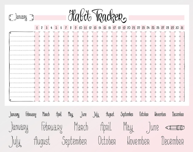 Vector habit tracker template blank with hand written cute names of months bullet journal template monthly planer hand written calendar