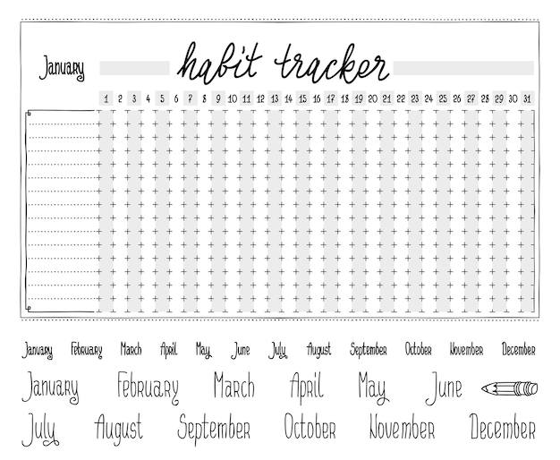 Вектор Шаблон трекера привычек пустой с написанными от руки симпатичными названиями месяцев шаблон пулевого журнала ежемесячный рубанок рукописный календарь