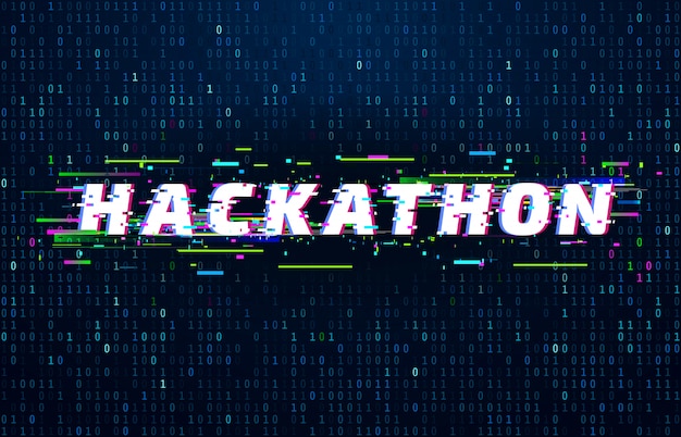 Hackathon. evento di codifica della maratona hack, poster di glitch e flusso di codice binario saturo di dati