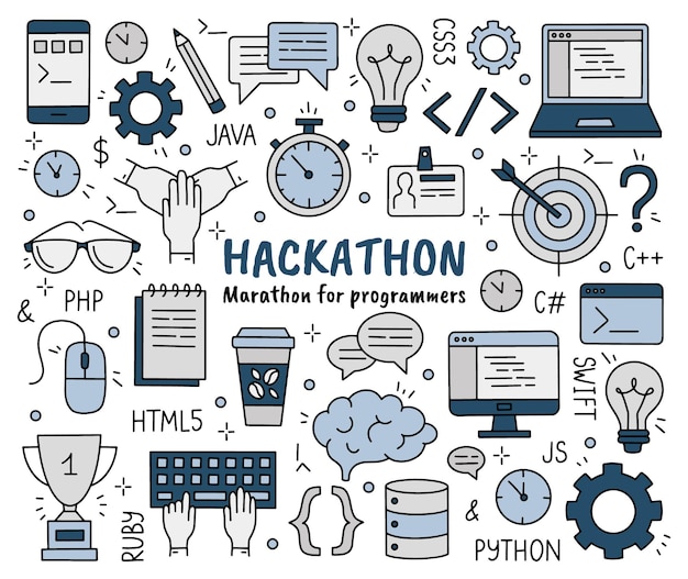 Hackathon set of doodle style icons for developers and programmers