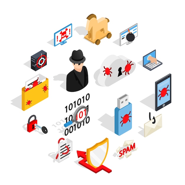 Hacken iconen set, isometrische 3D-stijl