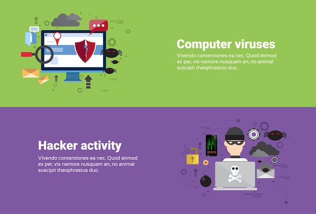 Hacker activity computer virus protezione dei dati privacy internet information security web banner fl